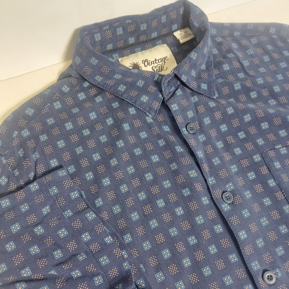 Vintage Silk Circa 1969 Men's XL Button Down Shirt Navy Blue Geometric Print